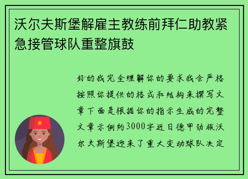 沃尔夫斯堡解雇主教练前拜仁助教紧急接管球队重整旗鼓 沃尔夫斯堡解雇主教练前拜仁助教紧急接管球队重整旗鼓